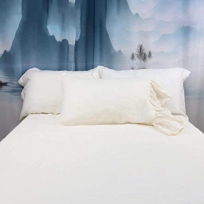 Ruffles Linen Pillowcase, 100% French Linen Pillow Cover, 20x30'' Queen Size Shabby Chic Ivory Pillow Shams, with Envelope Closure (Queen, Ivory, 1 PCS)