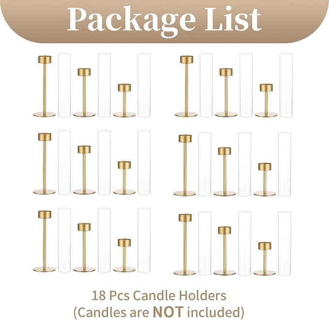 Sziqiqi Hurricane Candle Holder for Wedding: Gold Candlestick Holders 18 Pcs for Table Centerpieces - Glass Candle Stick Holder Bulk for Party Event