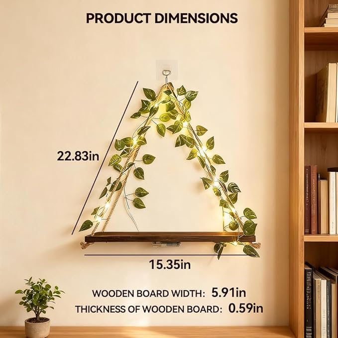 Boho Hanging Shelves for Wall, Set of 2 Wooden Hanging Shelf with LED Lights & Ivy Vines, Decorative Plant Hanging Shelf for Bedroom Living Room Cottagecore Wall Decor