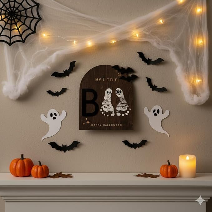 My Little Boo Wooden Halloween Sign – Baby Footprint Ghost Keepsake Plaque – Happy First Halloween Nursery Décor – Rustic Wooden Tabletop Sign for Baby. Newborn. Halloween baby