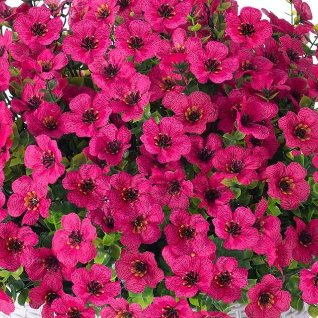 HyeFlora Artificial Faux Hanging Flowers Plants Basket for Outdoor Outside Porch Spring Decoration, Fake Silk Hotpink Daisy UV Resistant Look Real in Planter for Home Patio Balcony Garden