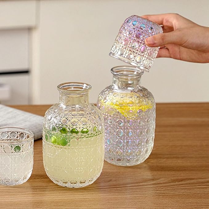 Bedside Water Carafe and Glass Set, Vintage Floral Glass Carafe with Tumbler Cup, 15oz Nightstand Water Pitcher for Bedroom, Decorative Mouthwash Decanter for Bathroom, Colorful Glassware
