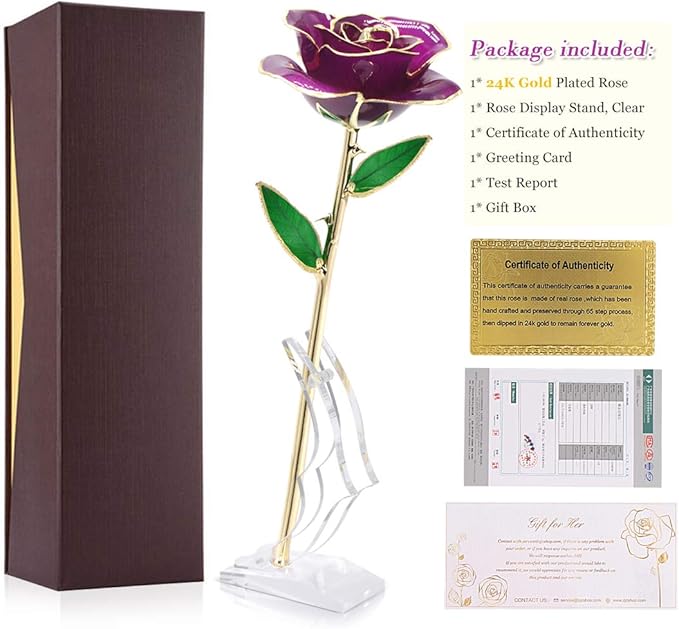 Ejoyous Gold Plated Rose 24K, Forever Preserved Real Rose Lover Mom Wife Daughter Girl Friend, Unique Present on Mother's Day, Wedding Anniversary, Birthday, Proposal, Reward (