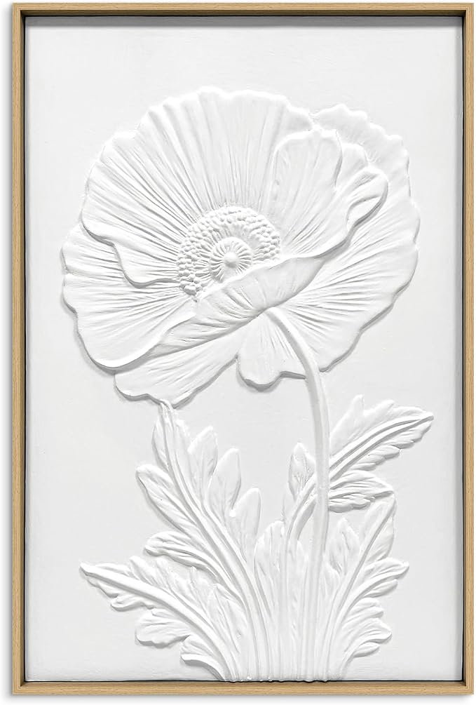 SAFERRYHOME White Flower Textured Carve Wall Art, 24"x36" Framed | Large 3D Floral Framed Canvas Wall Decor, Modern Flower Botanical Painting Elegant Nature Artwork for Home Office Living Room