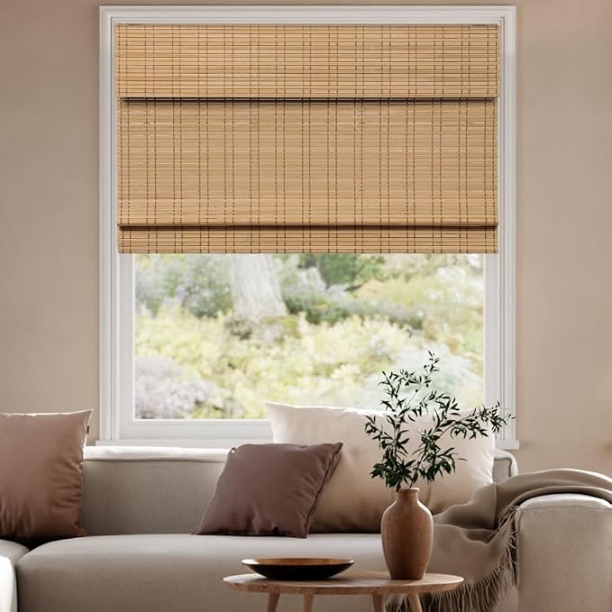 Cordless Bamboo Roman Shades, Light Filtering Bamboo Shades Blinds Window Treatment Roll Up Blind for Windows, 38" W x 64" H, Natural