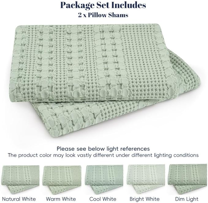 PHF 100% Cotton Waffle Pillow Shams Queen Size, 2 Pack 20" x 30" Soft Skin-Friendly Pillowcases, No Filling, Aesthetic Woven and Breathable Waffle Weave Pillow Case Covers for Bed, Mint Green