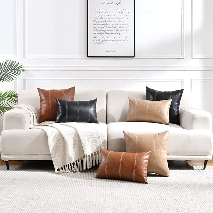 Fancy Homi Brown Boho Long Lumbar Faux Leather Decorative Throw Pillow Covers 14x24 Inch for Living Room Couch Bed Sofa, Hand Stitched Rectangle Cushion Case, Rustic Modern Farmhouse Home Decor