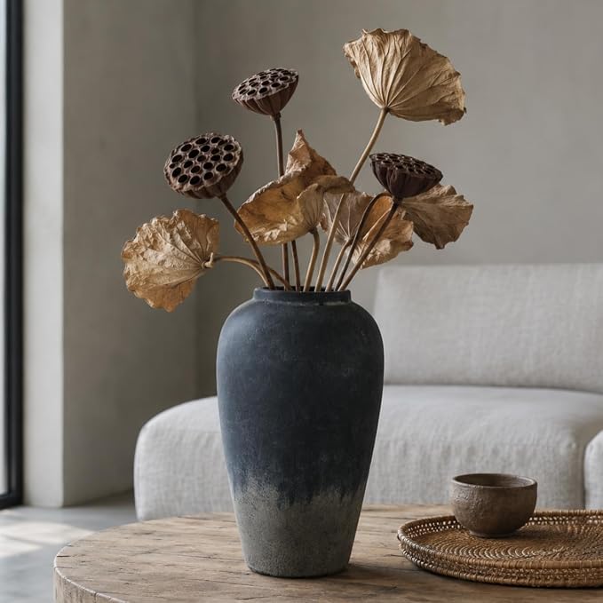 Ceramic Rustic Farmhouse Vase, 12 Inch Black Handmade Pottery Flower Vase for Home Decor, Rustic Living Room Decor, Wedding Gifts, Shelf & Table Decoration