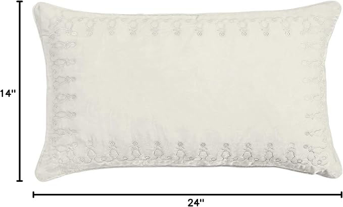 HiEnd Accents Stella Faux Silk Velvet Embroidered Lumbar Pillow, 14x24 inch, Stone, Romantic Western Modern Traditional Style Luxury Bedding, Decorative Throw Pillow