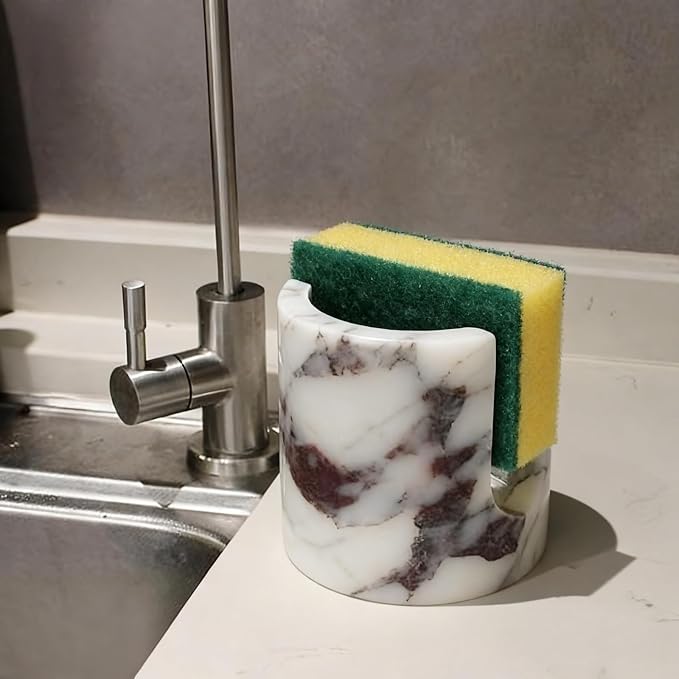 Natural Travertine Marble Sponge Holder, Stone Dish Drying Rack & Sink Organizer - Durable Kitchen Countertop Decor, Sponge Caddy with Drainage (Calacatta Viola Violet)