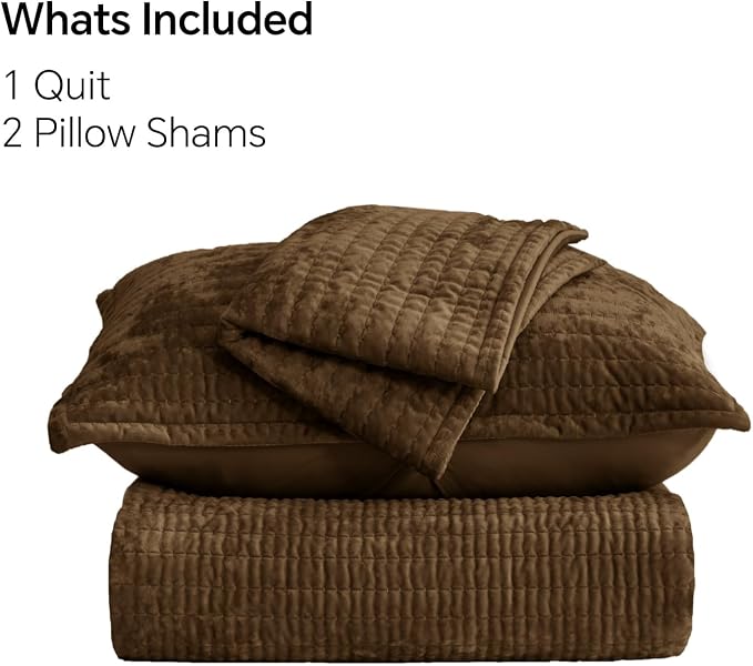 BEDELITE Velvet Quilt Set Queen Size - Luxury Soft Velvet Comforter Bedding Set for All Season, Lightweight Quilted Channel Stitch Oversized Bedspread Coverlet with 2 Matching Shams, Brown