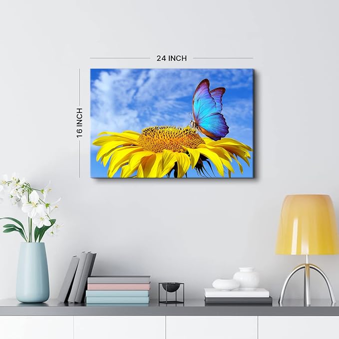 Sunflower Wall Art Bathroom Decor Blue Butterfly Canvas Pictures for Bedroom Sunflower Wall Decor Floral Posters Living Room Kitchen Home Decoration Yellow Sunshine Flower Painting Modern Artwork