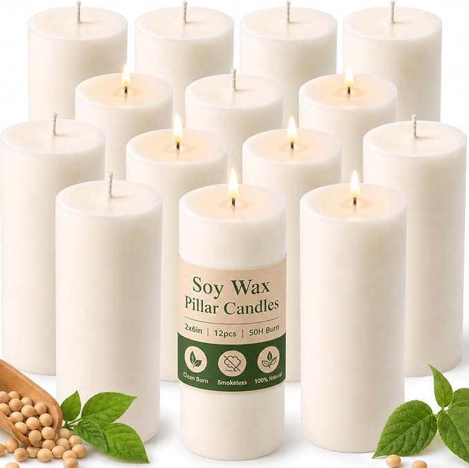 12 Pack Creamy White Soy Wax Pillar Candles 2x6 in, Unscented Decorative Candles, 600h Total Burn (50h Each), Clean Burning, Smokeless & Dripless for Wedding, Fireplace, Home Decor & Dinner Table