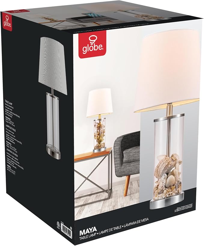 Globe Electric 67155 Maya 21" Fillable Table Lamp, Clear Glass and Steel Base, White Fabric Shade