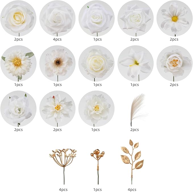 Floweroyal Artificial Flowers Combo Pure White Flowers Mix Silk Flowers Fake Roses with Stems for DIY Wedding Bridal Bouquets, Baby Shower, Floral Arrangement, Table Centerpieces, Home Decorations.