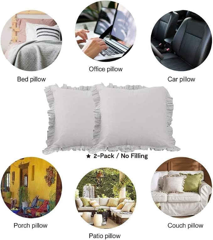100% French Linen Throw Pillow Covers - Set of 2 - Washed Flax Decorative Ruffled Square Cushion Cover Solid Color Soft Breathable - Grey, 18'' x 18''