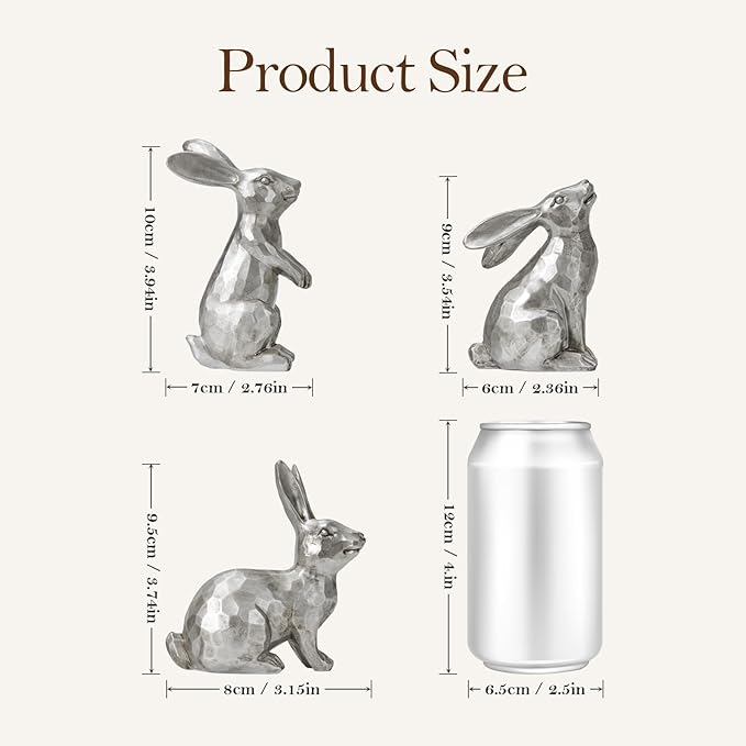 DN DECONATION Easter Bunny Figurines, Small Decorative Bunny Statue Set of 3, Easter Resin Rabbit for Vintage Tabletop Decor Home Spring Decoration Gift, Antique Silver Sculptures Decor