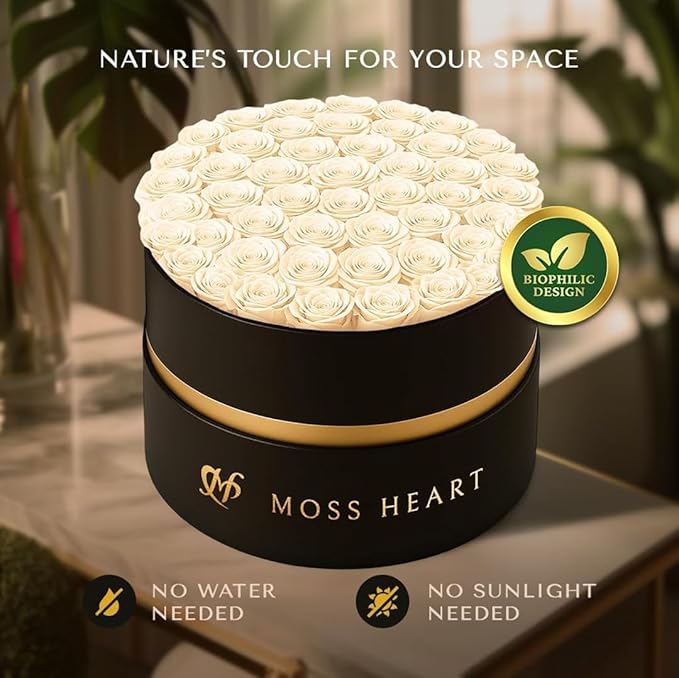 50 Petite Preserved Roses, Designer Round Box, Real Forever Roses Last 1+ Year, Premium Gift for Women, Wife, Girlfriend, Mother’s Day, Birthday, Anniversary, Valentine’s Day