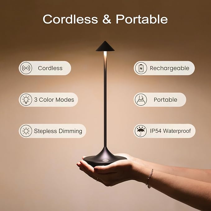 Rechargeable Cordless Table Lamp, Battery Operated LED Lamps | 3-Color Stepless Dimmable, Portable IP54 Waterproof Outdoor Lamps for Patio Dining Bar Home Office (2-Pack Black)