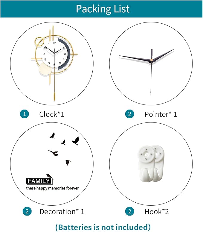 Wall Clock Decorative Large Modern Wall Clock Silent Non-Ticking Battery Operated Gold Unique Pendulum Clock for Living Room,Bedroom,Office,Kitchen,Bathroom,Wall Decor 13.8x21.9in