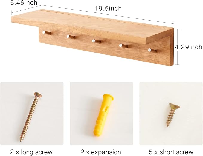 Coat Rack Shelf Wall Mounted Oak Wood Entryway Shelf with 5 Hooks Wall Coat Hook Rack with Floating Shelf for Bedroom, Living Room, Kitchen (Natural,20 inch)