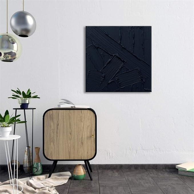 zoinart Hand Painted Textured Black Wall Art, 20x20 Inches Abstract Oil Paintings on Canvas Contemporary Wall Art Black Artwork