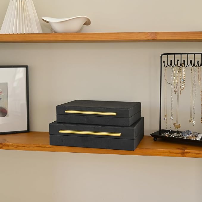 DECOR4SEASON Faux Shagreen Leather Jewelry Boxes Set of 2 with Gold Handles, Decorative Organizer Storage Box for Rings, Earrings, Watches, Dresser, Vanity, Stackable, Black