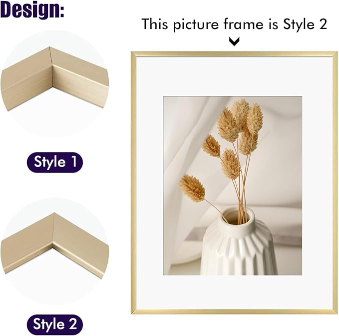 Golden State Art, Aluminum Gallery Wall Frame Set of 7 - Includes One 11x14, Two 8x10, and Four 5x7 - Metal Frames with Mat & Real Glass Cover for Elegant Home or Office Decor (Style 2, Gold)