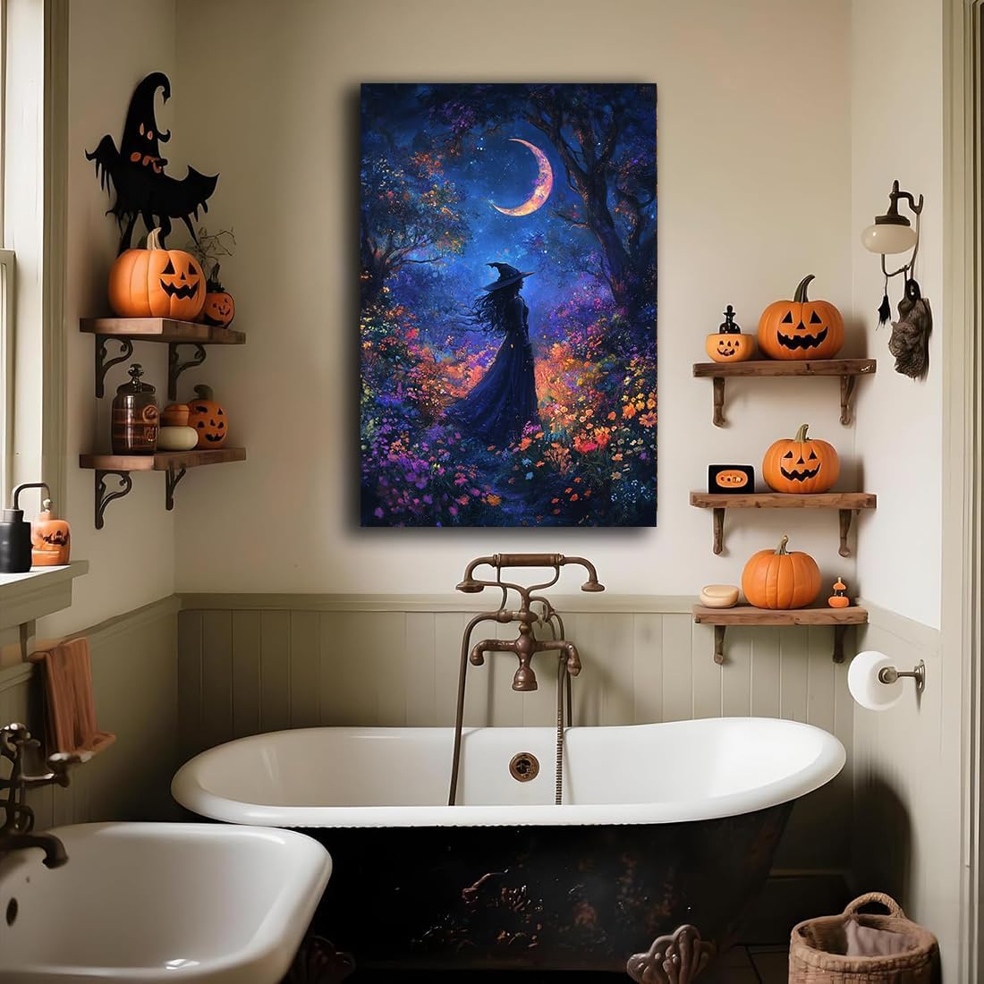 Vintage Halloween Witch Decor Mystic Gothic Wall Art Poster,Enchanting Witch Fall Whimsical Wildflowers Woodland Forest Crescent Moon Picture Art,Creepy Witchy Home Decor,20"x30" Unframed