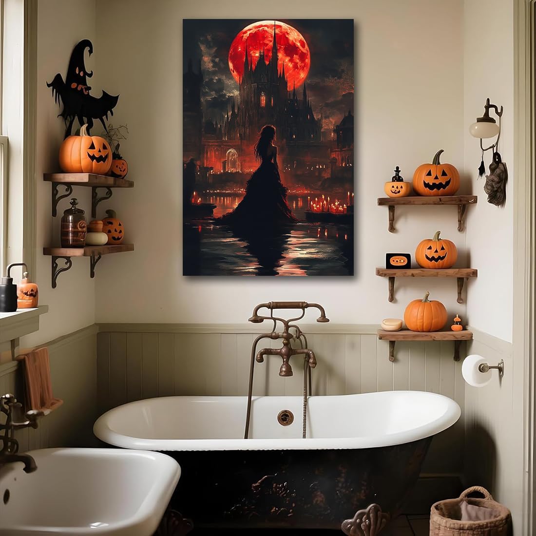Halloween Witch Poster Canvas Prints Art Vintage Decor,Red Castle Blood Moon and Witch Scene Gothic Painting,Rustic Dark Academia Wall Art for Bathroom Spooky Living Room Wall Decor,16"x24" Unframed