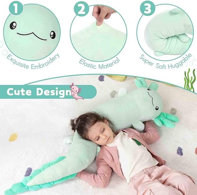 MaoGoLan Giant Axolotl Plush Stuffed Animal,Big Axolotl Plush Pillow Toy for Kids Girl Boy,Jumbo Stuffed Salamander Body Pillow Toy Glow in The Dark, Birthday Easter Gift Baby Shower Party Decor Green