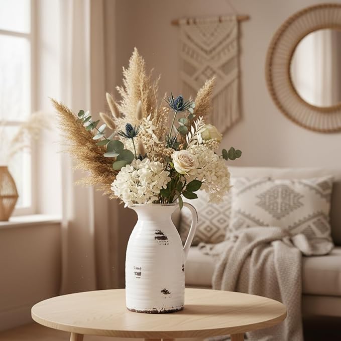 hjn Farmhouse Pitcher Vase for Flowers- Ceramic Pitcher Vase Decrative Pitchers for Your Kitchen/Home Decor/Office/Living Room/Bookshelf/Mantel/-White and Antique