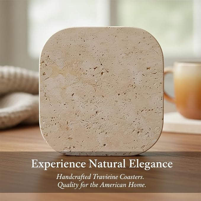 Natural Travertine Marble Coasters Set of 4-4" Square Stone Drink Coasters, Non-Slip Cork Backing, Housewarming Gift, Wedding, Protect Tables from Stains & Scratches (Rounded Square)