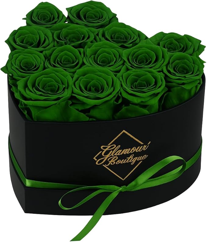 GLAMOUR BOUTIQUE 16 Flower Forever Heart Shape Box, Eternal Preserved Roses Gift for Her, Lasting Flowers, Romantic Floral Keepsake for Birthday, Anniversary or Valentine’s Day, Green (Color-Treated)