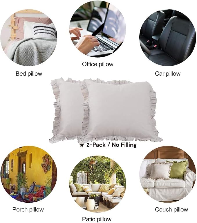 100% French Linen Throw Pillow Covers - Set of 2 - Washed Flax Decorative Ruffled Square Cushion Cover Solid Color Soft Breathable - Linen, 18'' x 18''
