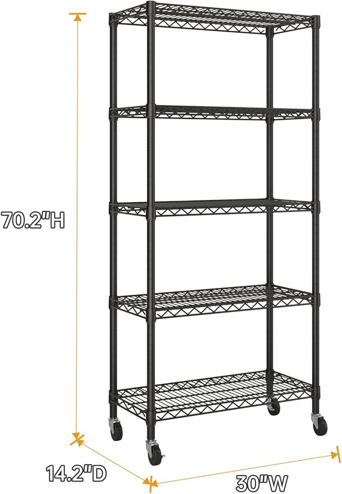 Golpart 5 Tier Shelves Storage Shelf Wire Closet Bathroom Organizers Metal Pantry Kitchen Garage Shelving Unit Laundry Room Organization Home Rack Net Basket Black with Wheels 14”D X 30”W X 70”H