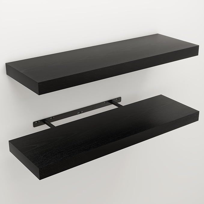 Floating Shelves for Wall, 9.3" Deep Wall Mounted Wood Shelves for Bathroom, Bedroom, Living Room, Kitchen, Hanging Shelf for Books/Storage/Room Decor (Black, 30")