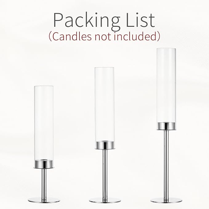 Hurricane Taper Candle Holders: Silver Glass Candlestick Holder Tall Candle Sticks Holder Decor with Glass Cover for Wedding Table Centerpiece Party Birthday Christmas Home Mantel Set of 3