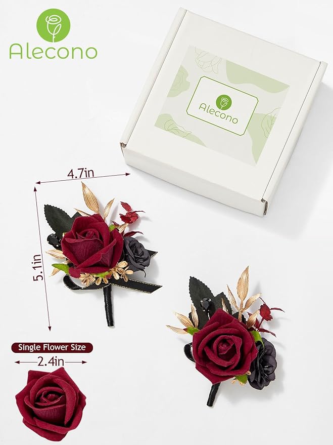 Alecono Boutonniere for Men, Set of 2 Burgundy and Black Boutonniere for Wedding Groom Bridegroom, Artificial Flowers for Prom Graduation Ceremony Anniversary
