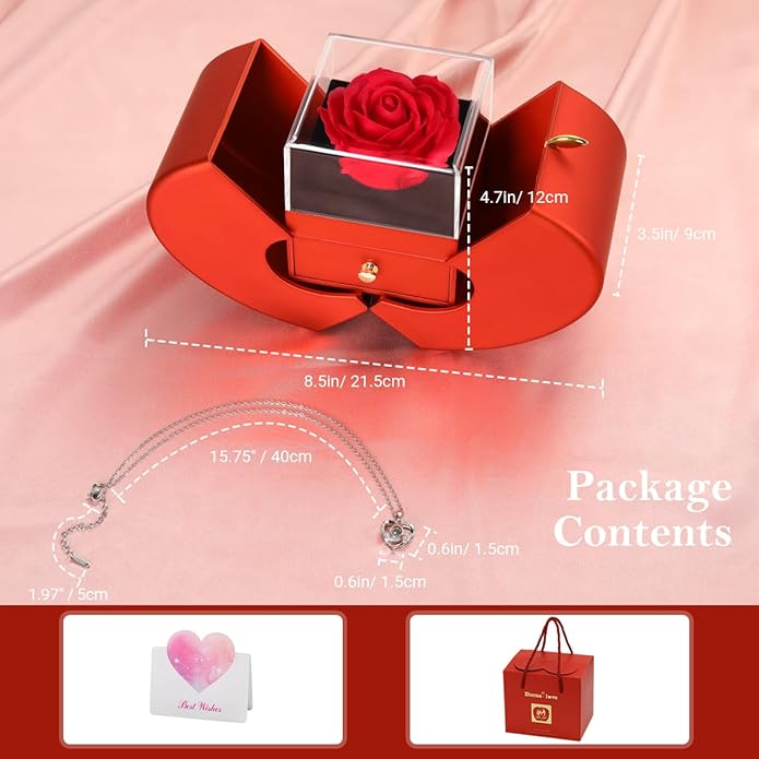 Emibele Preserved Rose Gifts for Women, Eternal Flower Rose Box with Heart Necklace, Romantic I Love You Gifts for Women Her Wife Mom Grandma on Valentines Mothers Day Birthday Anniversary
