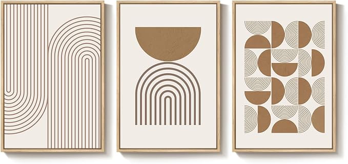 Large Framed Abstract Neutral Boho Wall Art for Living Room, 3 Piece Beige Mid Century Modern Canvas Artwork for Walls, Bauhaus Geometric Prints for Bedroom Office Dining Room Wall Decor, 24x36 Inch
