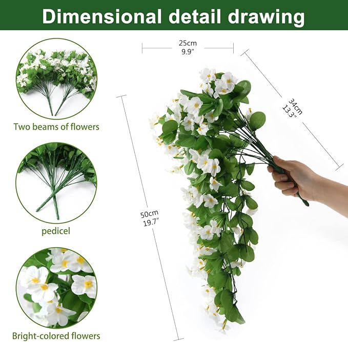 ZFProcess Artificial Fake Hanging Flowers Plants for Outdoor Spring Summer Decoration, 2PCS Faux Silk Violet UV Resistant Look Real Trailing Vines for Outside Home Planter Porch Patio(White)