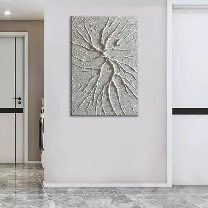 zoinart White Textured Wall Art Pure White Abstract Modern Concrete Canvas Paintings Hand Painted 3D Contemporary Art, Minimalist Wall Art 24x36 inch