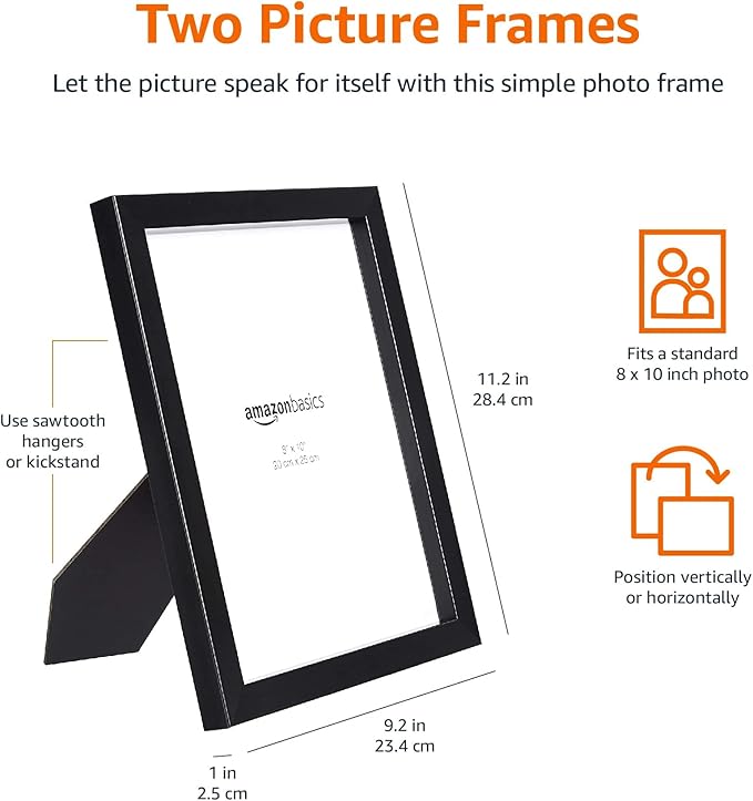 Amazon Basics Rectangular Photo Picture Frame, 8 x 10 in, 11.22 x 9.21 inches, Black (Pack of 8)