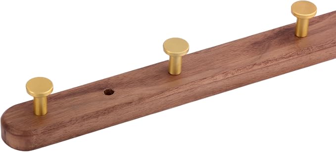 Wall Mounted Coat Rack, Entryway Hanging Rack, Metal Wood Coat Rail with 4 Rustic Hooks for Scarf, Bag, Towel, Key, Cup, Hat - Walnut Gold Matt