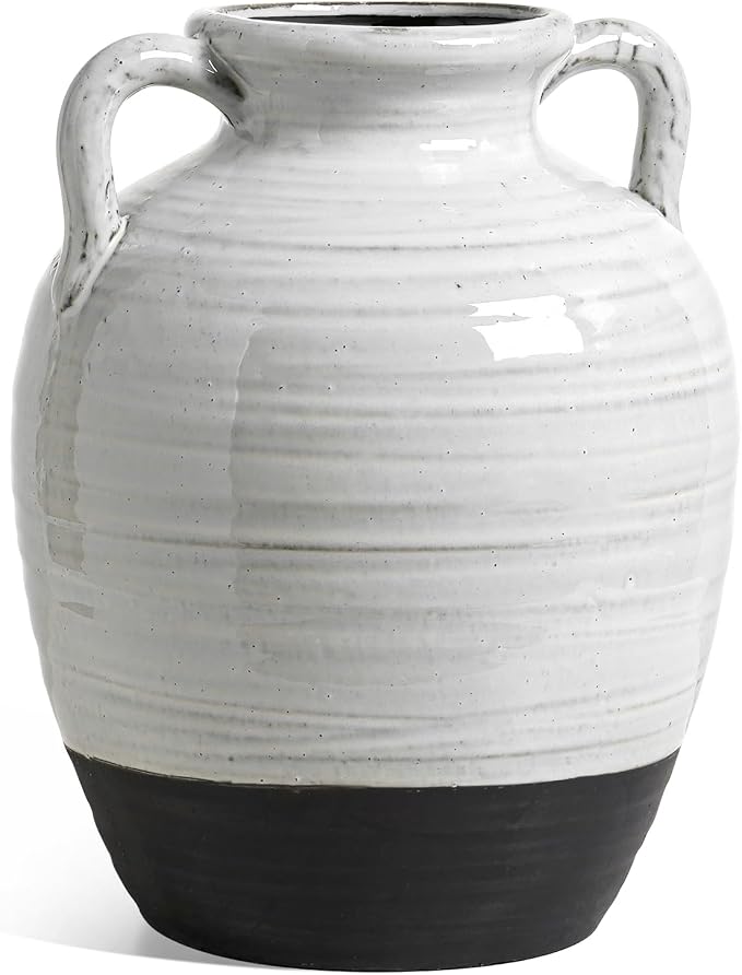 Large White Ceramic Vase - 11.3 Inch Rustic Farmhouse Vase with Handles for Home Decor, Vintage Tall Vases for Living Room, Table, Bathroom, Holiday & Weddings (Aurora White)
