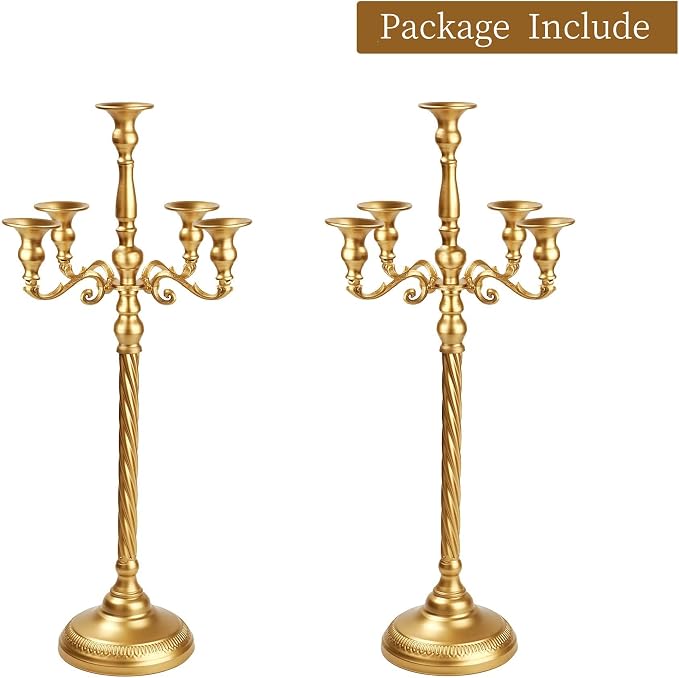 Tall 5 Arm Gold Candelabra Centerpiece for Table, 24.8'' Metal Candle Holder, 2 Pcs Retro Candelabra Table Centerpieces for Party, Events, Home, Wedding Decor