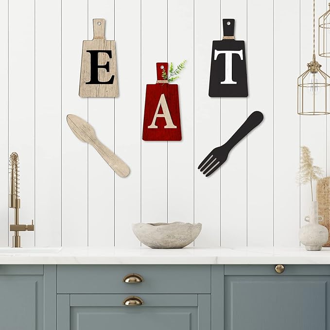 Jetec Cutting Board Eat Sign Set Hanging Art Kitchen Eat Sign Farmhouse Fork and Spoon Wall Decor Rustic Primitive Country Kitchen Decor for Home over Cabinet Decoration(Red, Black, Beige)