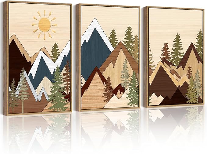 PHOPAGO Mountains Framed Wall Art Large 16x24in Morden Boho Woodcut Pine Tree Forest Nature Landscape Artwork Bohemain Farmhouse Living Room Rustic Home Decor - Natural Framed