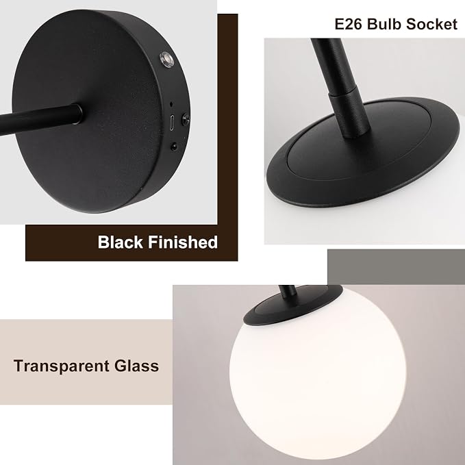 Battery Operated sconces Set of 2 Glass Globe Rechargeable Black Wall Light Fixture Wireless Wall Lights with Clear Glass Shade for Living Room, Hallway, Bedroom(2 Pack)